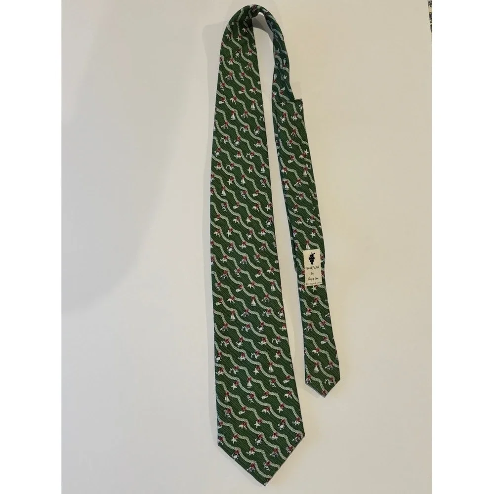 Vineyard Vines Christmas Tie Green Nautical Garland Whales Lobster Boats Silk